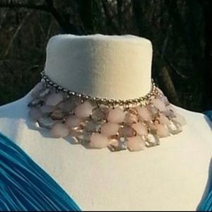 Ballet Pink & tan opalescent flat discs 3row Bib style statement necklace